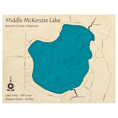 Bathymetric topo map of Middle McKenzie Lake, WI with roads, towns and depths noted in blue water.