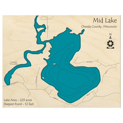 Bathymetric topo map of Mid Lake, WI with roads, towns and depths noted in blue water.