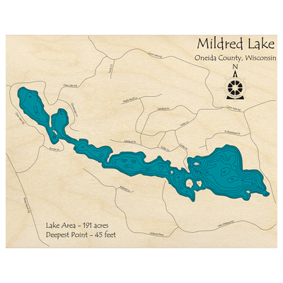 Bathymetric topo map of Mildred Lake, WI with roads, towns and depths noted in blue water.