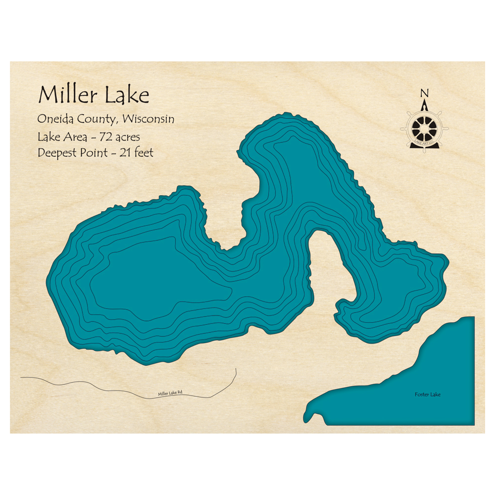 Bathymetric topo map of Miller Lake, WI with roads, towns and depths noted in blue water.
