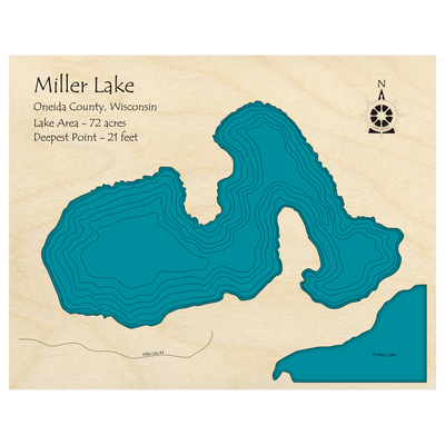 Bathymetric topo map of Miller Lake, WI with roads, towns and depths noted in blue water.