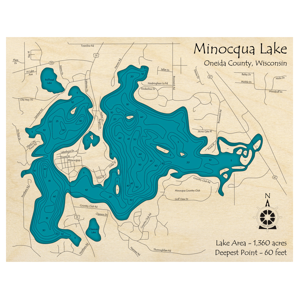 Bathymetric topo map of Minocqua Lake, WI with roads, towns and depths noted in blue water.