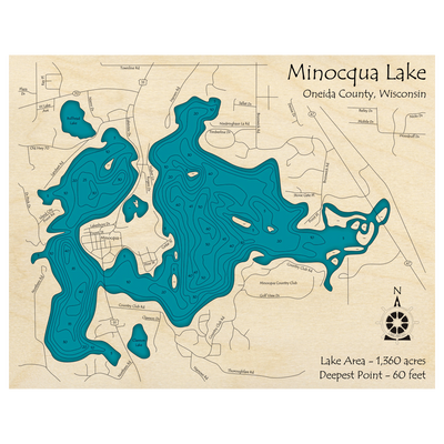 Bathymetric topo map of Minocqua Lake, WI with roads, towns and depths noted in blue water.