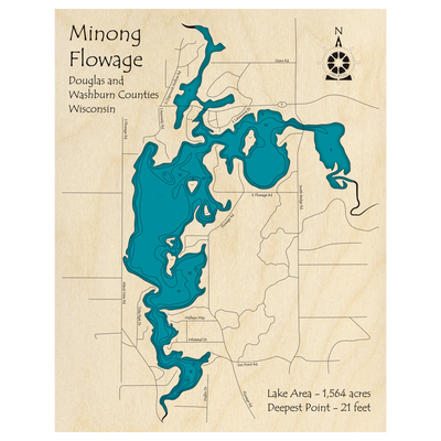 Bathymetric topo map of Minong Flowage, WI with roads, towns and depths noted in blue water.