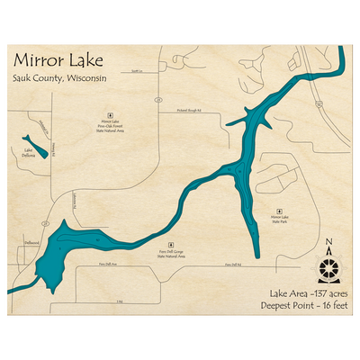 Bathymetric topo map of Mirror Lake, WI with roads, towns and depths noted in blue water.