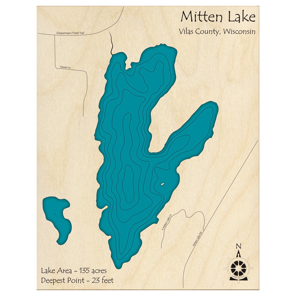 Bathymetric topo map of Mitten Lake, WI with roads, towns and depths noted in blue water.