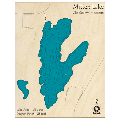 Bathymetric topo map of Mitten Lake, WI with roads, towns and depths noted in blue water.