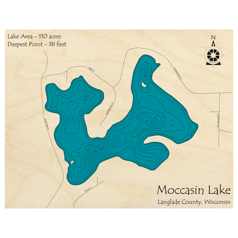 Bathymetric topo map of Moccasin Lake, WI with roads, towns and depths noted in blue water.