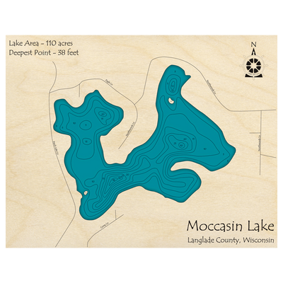Bathymetric topo map of Moccasin Lake, WI with roads, towns and depths noted in blue water.