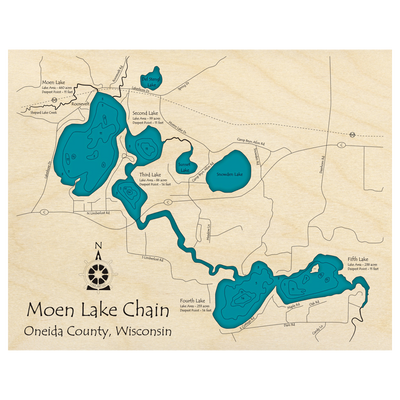 Bathymetric topo map of Moen Lake, WI with roads, towns and depths noted in blue water.