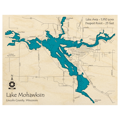 Bathymetric topo map of Lake Mohawksin, WI with roads, towns and depths noted in blue water.