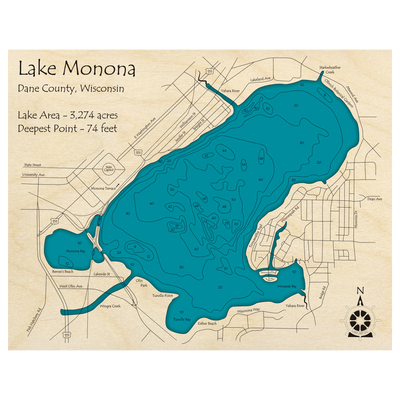Bathymetric topo map of Lake Monona, WI with roads, towns and depths noted in blue water.