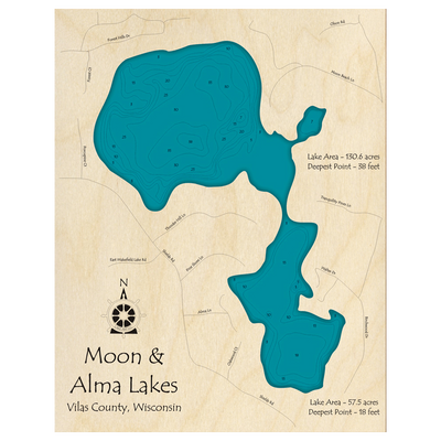 Bathymetric topo map of Moon Lake and Alma Lake, WI with roads, towns and depths noted in blue water.