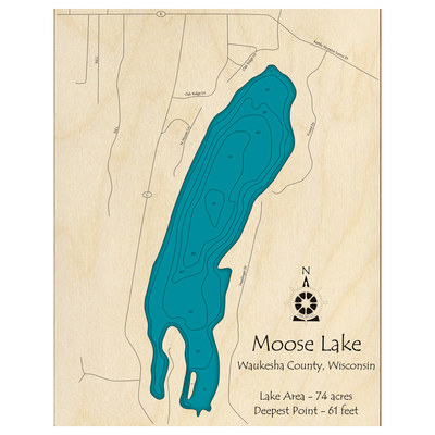 Bathymetric topo map of Moose Lake, WI with roads, towns and depths noted in blue water.