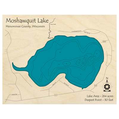 Bathymetric topo map of Moshawquit Lake, WI with roads, towns and depths noted in blue water.
