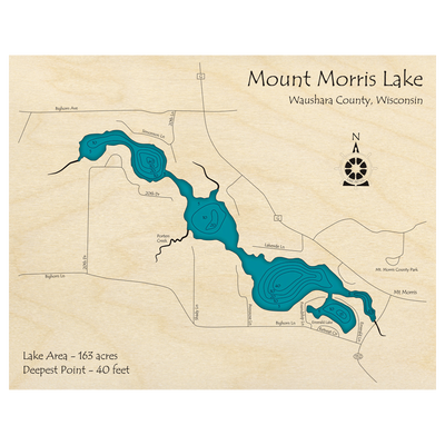 Bathymetric topo map of Mount Morris Lake, WI with roads, towns and depths noted in blue water.
