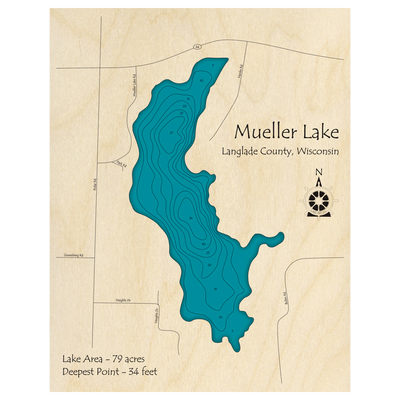 Bathymetric topo map of Mueller Lake, WI with roads, towns and depths noted in blue water.