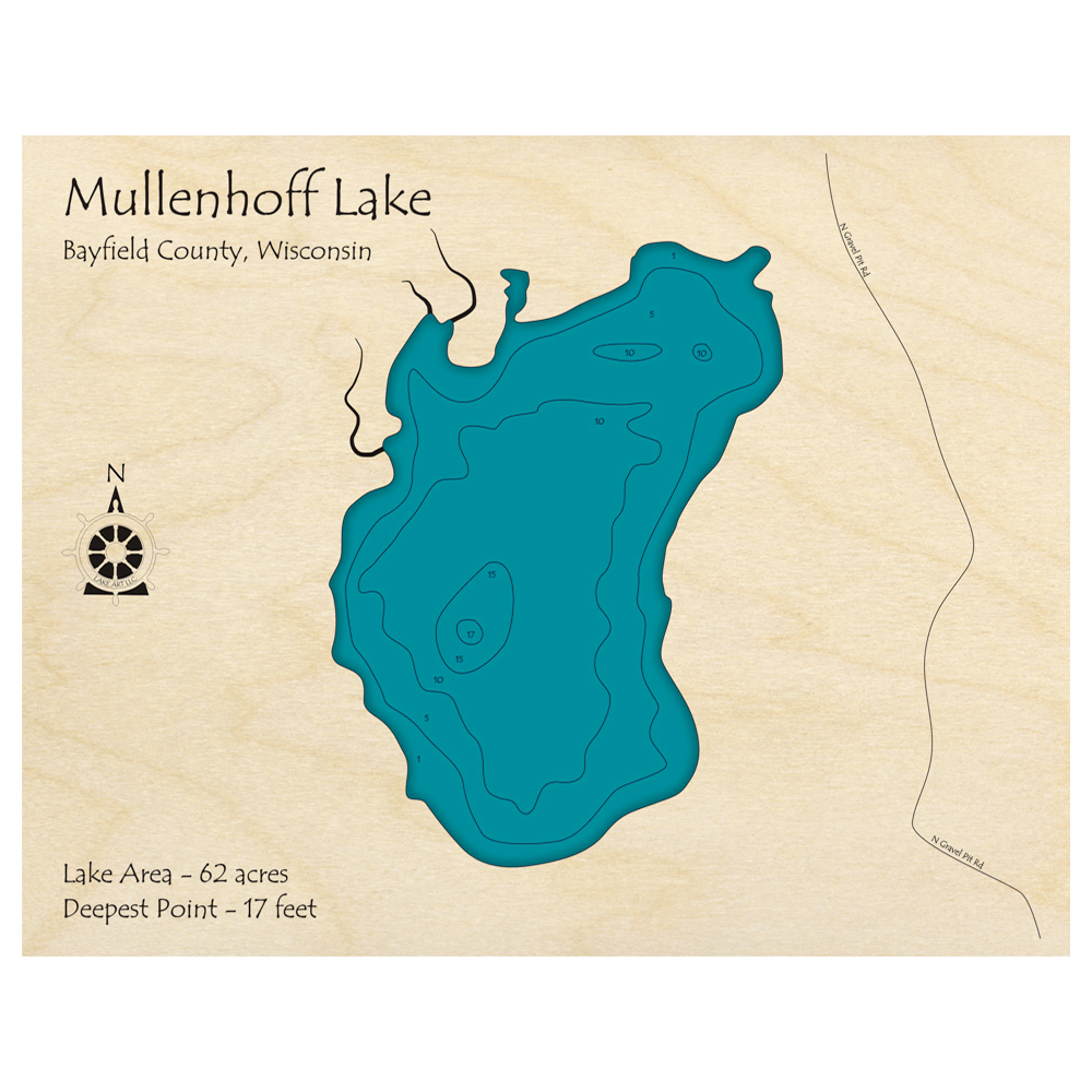 Bathymetric topo map of Mullenhoff Lake, WI with roads, towns and depths noted in blue water.
