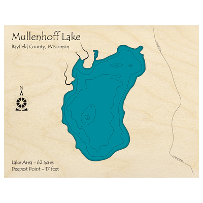 Bathymetric topo map of Mullenhoff Lake, WI with roads, towns and depths noted in blue water.
