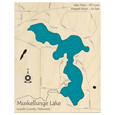 Bathymetric topo map of Muskellunge Lake, WI with roads, towns and depths noted in blue water.