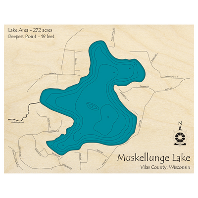 Bathymetric topo map of Muskellunge Lake, WI with roads, towns and depths noted in blue water.