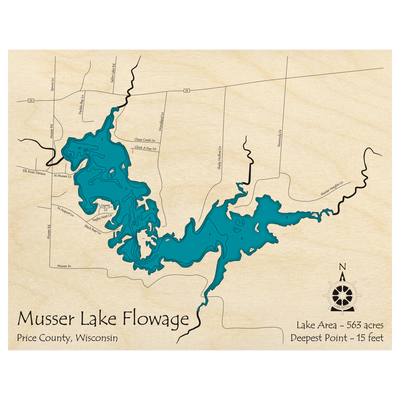 Bathymetric topo map of Musser Lake Flowage, WI with roads, towns and depths noted in blue water.