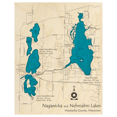 Bathymetric topo map of Nagawicka and Nehmabin Lakes, WI with roads, towns and depths noted in blue water.