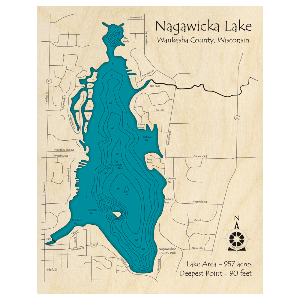 Bathymetric topo map of Nagawicka Lake, WI with roads, towns and depths noted in blue water.