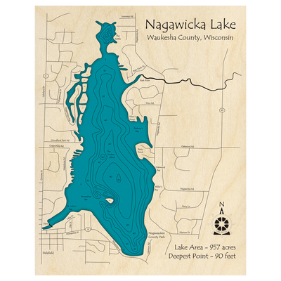 Bathymetric topo map of Nagawicka Lake, WI with roads, towns and depths noted in blue water.