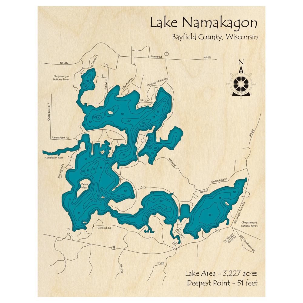 Bathymetric topo map of Lake Namekagon, WI with roads, towns and depths noted in blue water.