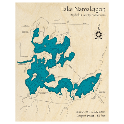 Bathymetric topo map of Lake Namekagon, WI with roads, towns and depths noted in blue water.