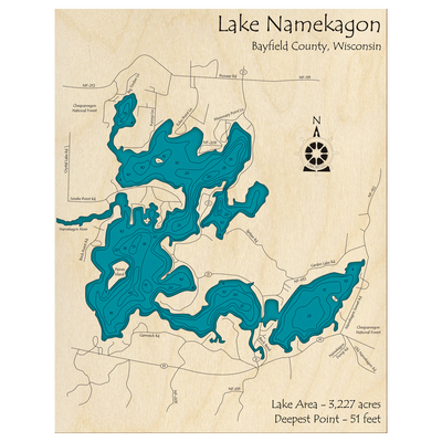 Bathymetric topo map of Lake Namekagon, WI with roads, towns and depths noted in blue water.