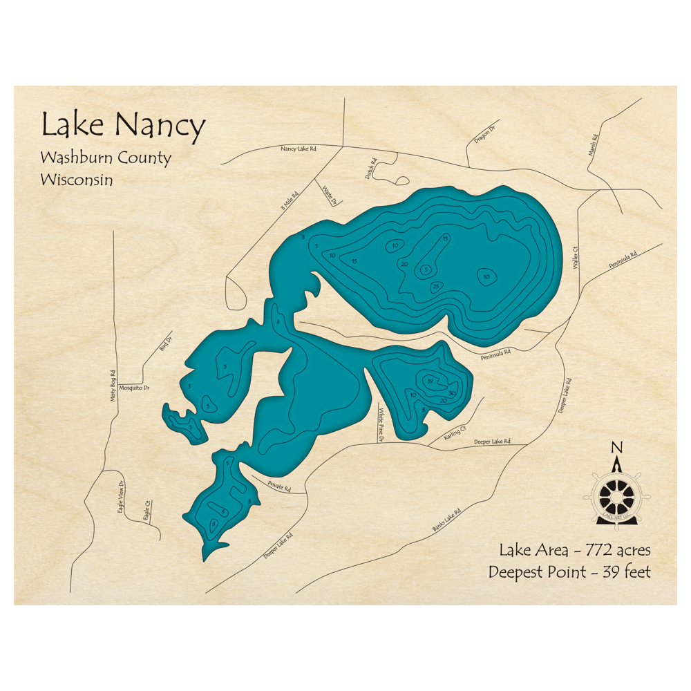 Bathymetric topo map of Nancy Lake, WI with roads, towns and depths noted in blue water.