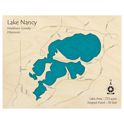 Bathymetric topo map of Nancy Lake, WI with roads, towns and depths noted in blue water.
