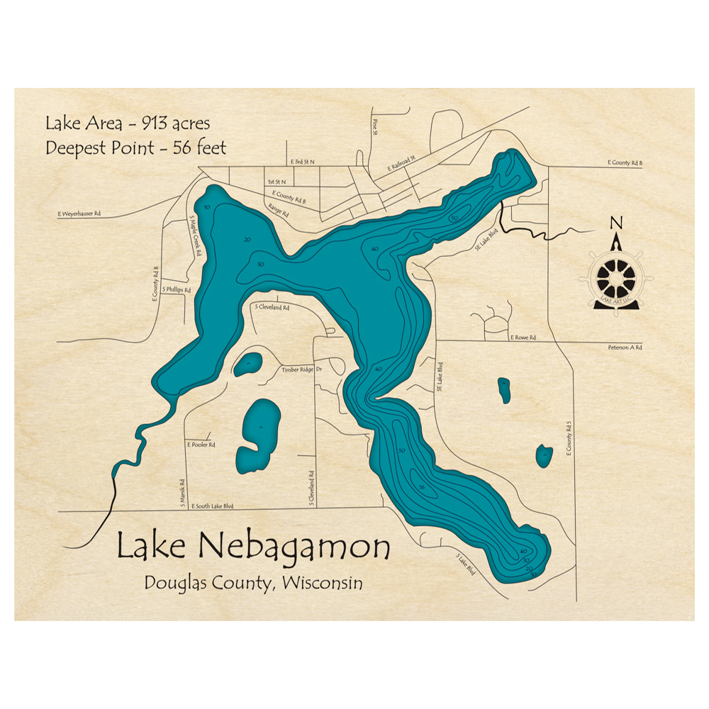 Bathymetric topo map of Lake Nebagamon, WI with roads, towns and depths noted in blue water.