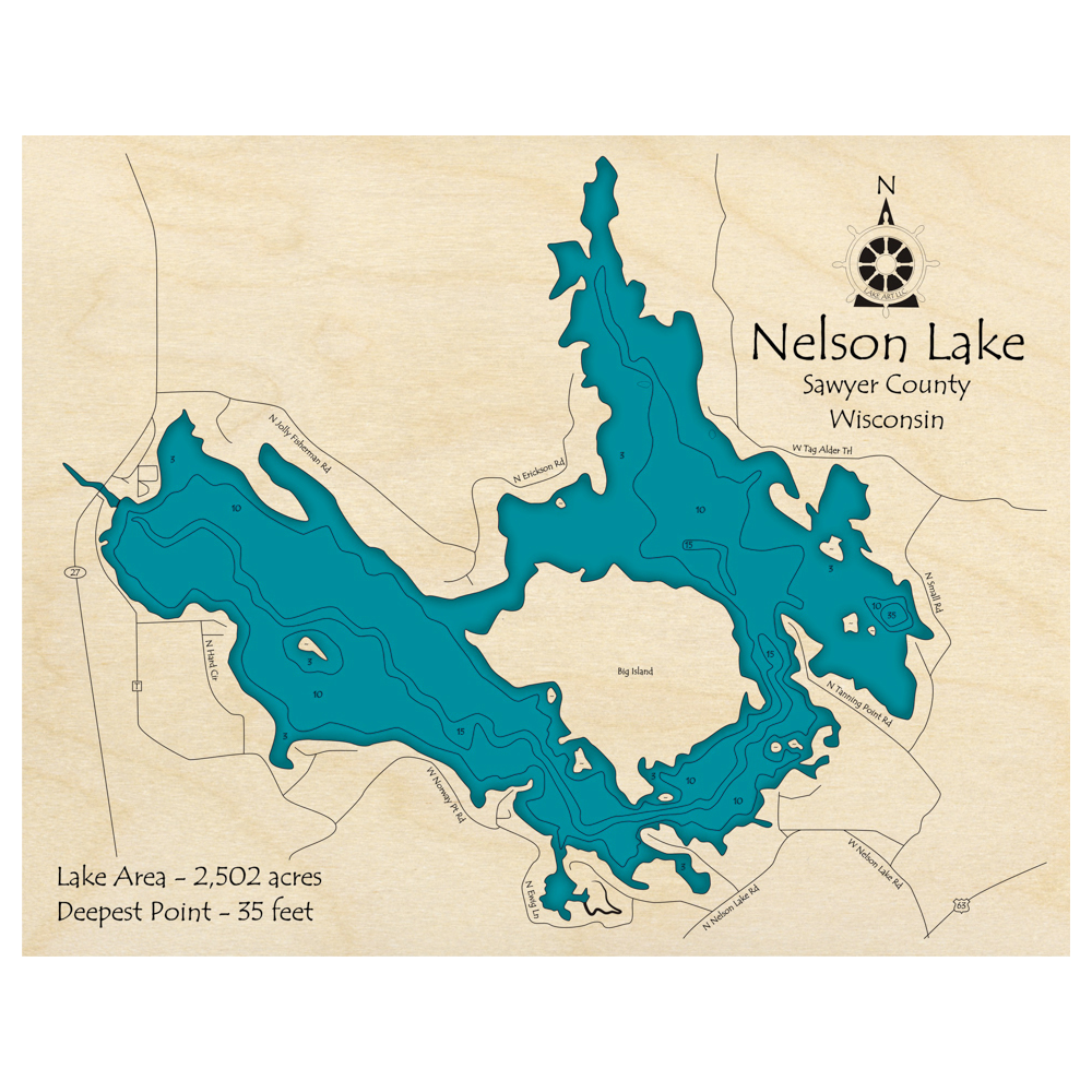 Bathymetric topo map of Nelson Lake, WI with roads, towns and depths noted in blue water.