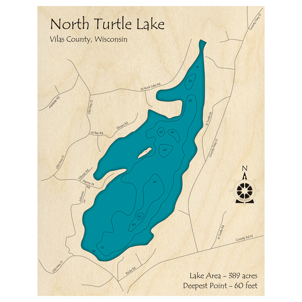 Bathymetric topo map of North Turtle Lake, WI with roads, towns and depths noted in blue water.