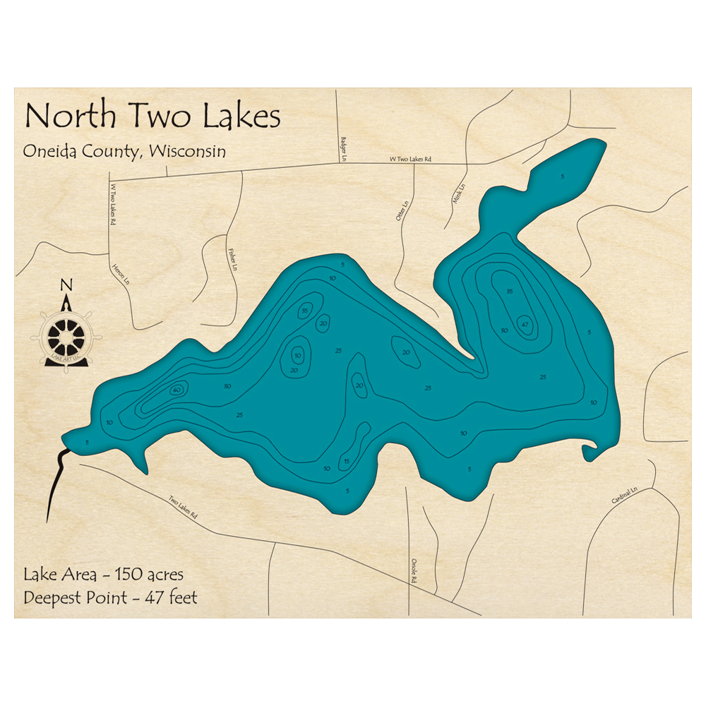Bathymetric topo map of North Two Lakes, WI with roads, towns and depths noted in blue water.