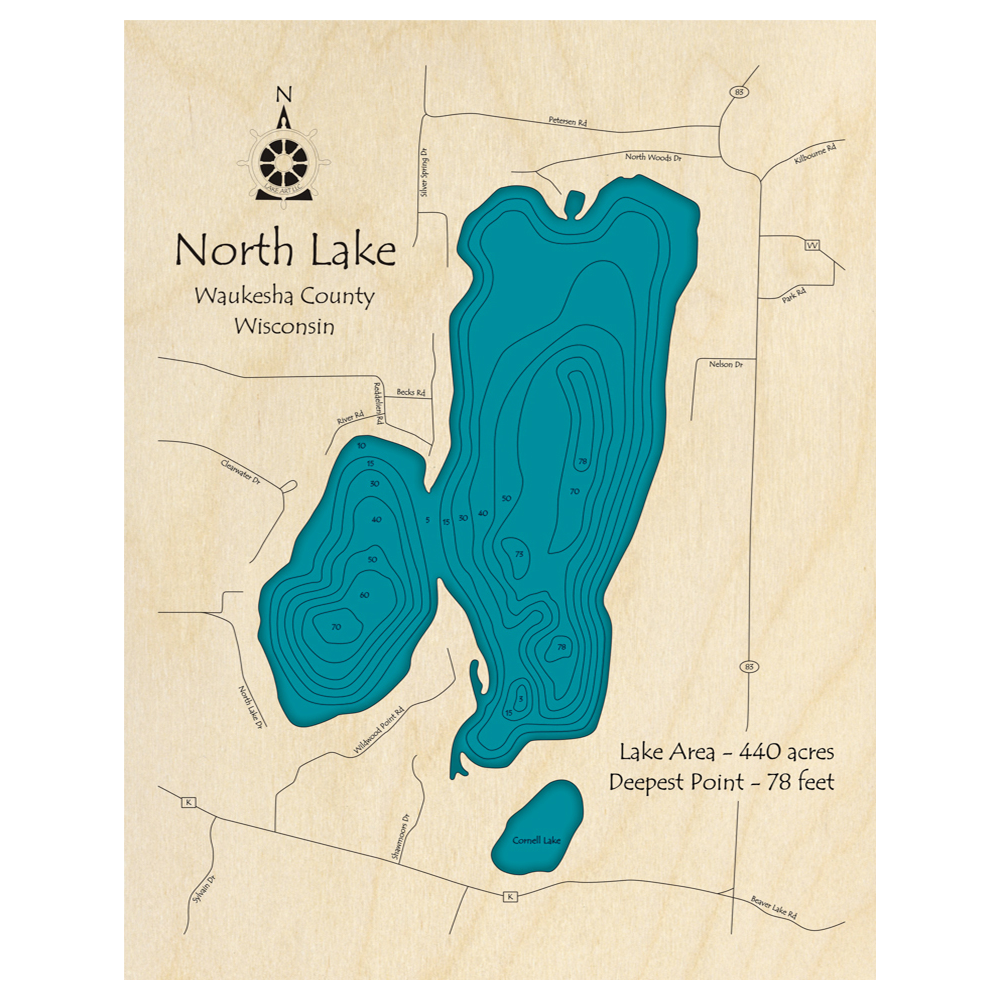 Bathymetric topo map of North Lake, WI with roads, towns and depths noted in blue water.