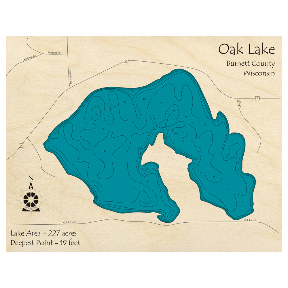 Bathymetric topo map of Oak Lake, WI with roads, towns and depths noted in blue water.
