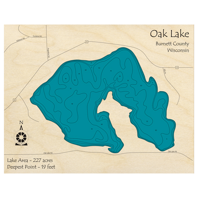 Bathymetric topo map of Oak Lake, WI with roads, towns and depths noted in blue water.