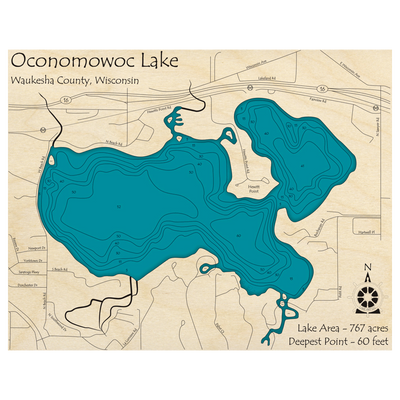 Bathymetric topo map of Oconomowoc Lake, WI with roads, towns and depths noted in blue water.