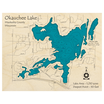 Bathymetric topo map of Okauchee Lake, WI with roads, towns and depths noted in blue water.
