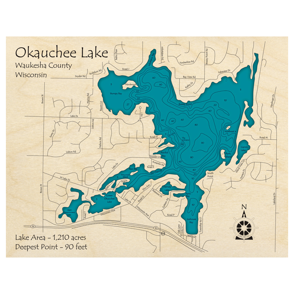 Bathymetric topo map of Okauchee Lake, WI with roads, towns and depths noted in blue water.