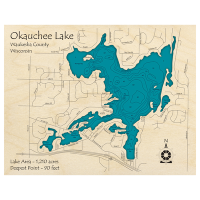 Bathymetric topo map of Okauchee Lake, WI with roads, towns and depths noted in blue water.
