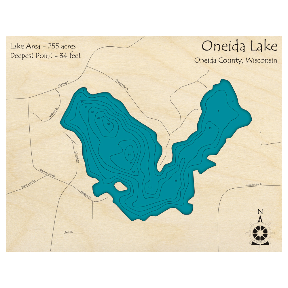 Bathymetric topo map of Oneida Lake, WI with roads, towns and depths noted in blue water.