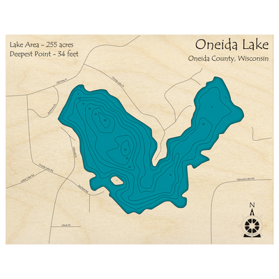 Bathymetric topo map of Oneida Lake, WI with roads, towns and depths noted in blue water.