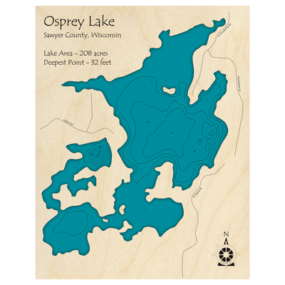 Bathymetric topo map of Osprey Lake, WI with roads, towns and depths noted in blue water.