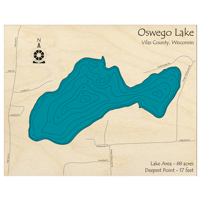 Bathymetric topo map of Oswego Lake, WI with roads, towns and depths noted in blue water.