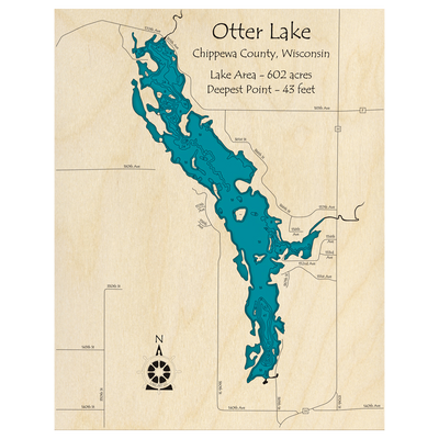 Bathymetric topo map of Otter Lake, WI with roads, towns and depths noted in blue water.